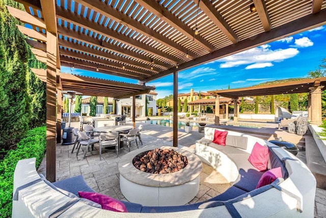 view of patio with a pergola, outdoor dining area, an outdoor pool, and an outdoor living space with a fire pit