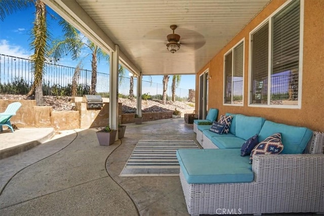 31598 Summerfield Ln, Murrieta, CA 92563 - view of patio / terrace featuring grilling area, fence, exterior kitchen, and an outdoor hangout area