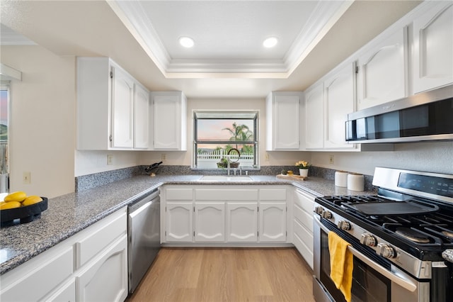 kitchen with a tray ceiling, a sink, ornamental molding, stainless steel appliances, and light wood-style flooring