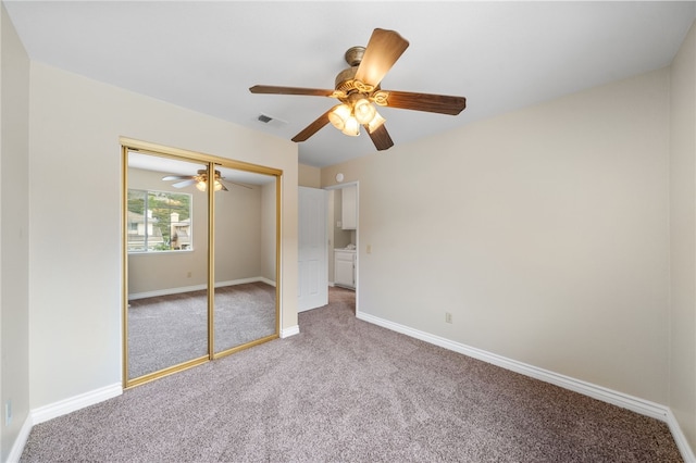 unfurnished bedroom featuring ceiling fan, light carpet, baseboards, visible vents, and a closet