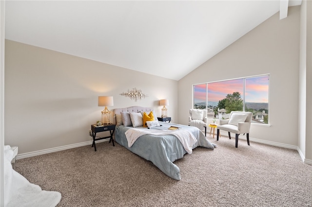 bedroom with baseboards, carpet flooring, and high vaulted ceiling