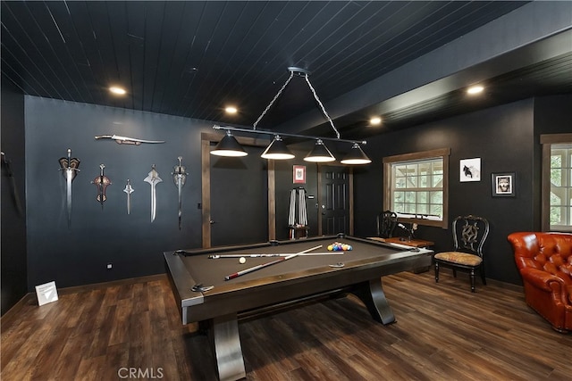 1010 Black Oaks Dr, Lake Arrowhead, CA 92352 - rec room with baseboards, recessed lighting, wood finished floors, wood ceiling, and pool table