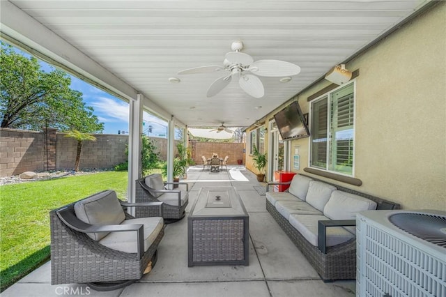 view of patio with central air condition unit, an outdoor living space, ceiling fan, a fenced backyard, and outdoor dining space