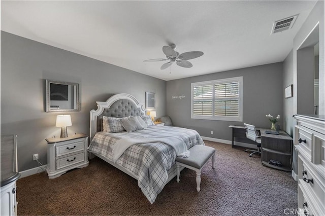 bedroom featuring dark colored carpet, visible vents, ceiling fan, and baseboards