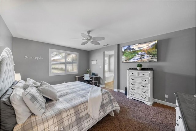 bedroom featuring ensuite bath, carpet floors, baseboards, visible vents, and a ceiling fan