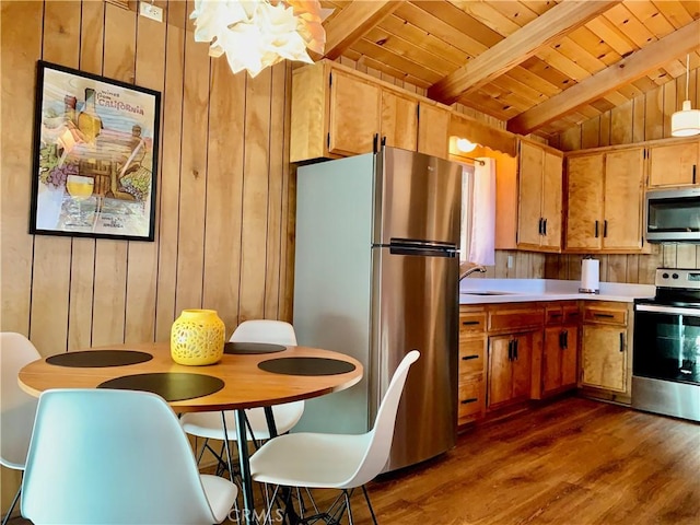 33010 Juniper Ln, Green Valley Lake, CA 92341 - kitchen featuring dark wood finished floors, wood walls, light countertops, wooden ceiling, and appliances with stainless steel finishes