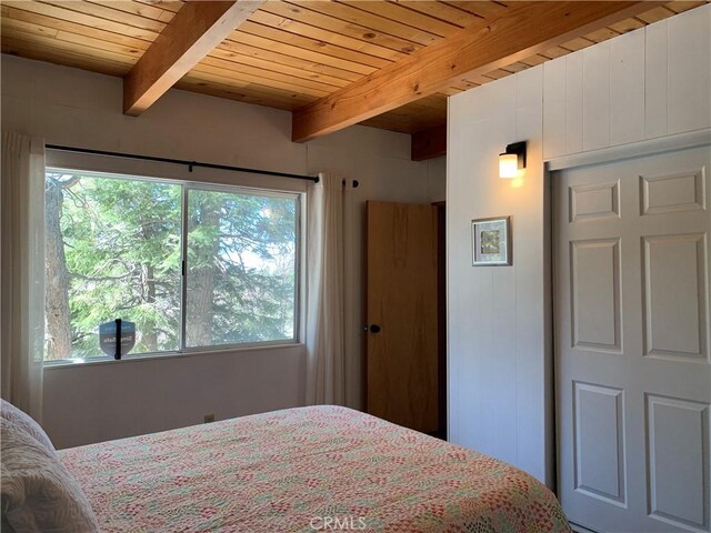 33010 Juniper Ln, Green Valley Lake, CA 92341 - bedroom with wooden ceiling and beam ceiling