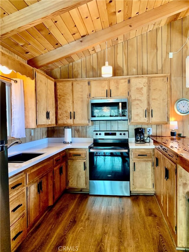 33010 Juniper Ln, Green Valley Lake, CA 92341 - kitchen featuring stainless steel appliances, wooden ceiling, a sink, and dark wood-style flooring