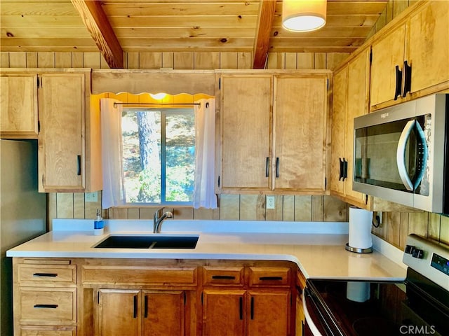 33010 Juniper Ln, Green Valley Lake, CA 92341 - kitchen featuring wood ceiling, light countertops, a sink, and appliances with stainless steel finishes