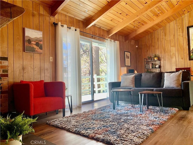 33010 Juniper Ln, Green Valley Lake, CA 92341 - living room featuring wood ceiling, vaulted ceiling with beams, wooden walls, and wood finished floors