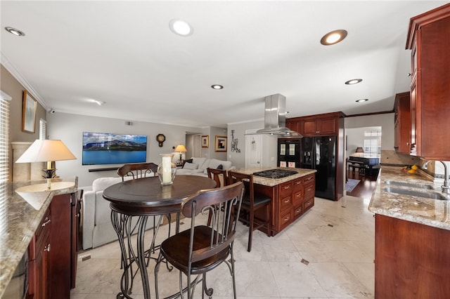 1441 San Almada Rd, Corona, CA 92882 - kitchen with ornamental molding, island exhaust hood, a sink, gas cooktop, and black fridge