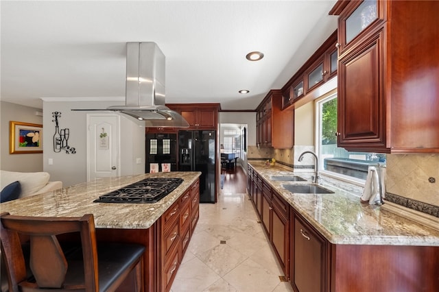 1441 San Almada Rd, Corona, CA 92882 - kitchen featuring a sink, decorative backsplash, black fridge, gas cooktop, and reddish brown cabinets