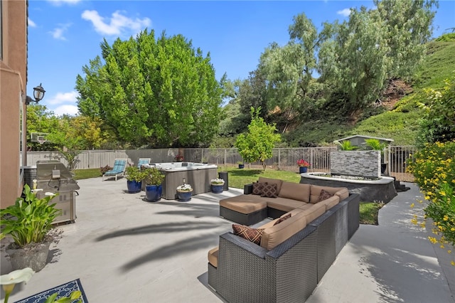 1441 San Almada Rd, Corona, CA 92882 - view of patio featuring an outdoor hangout area, a fenced backyard, and grilling area