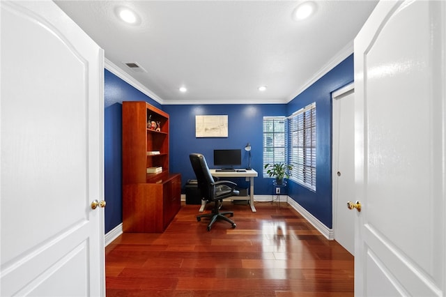 1441 San Almada Rd, Corona, CA 92882 - office space with baseboards, visible vents, wood finished floors, and crown molding