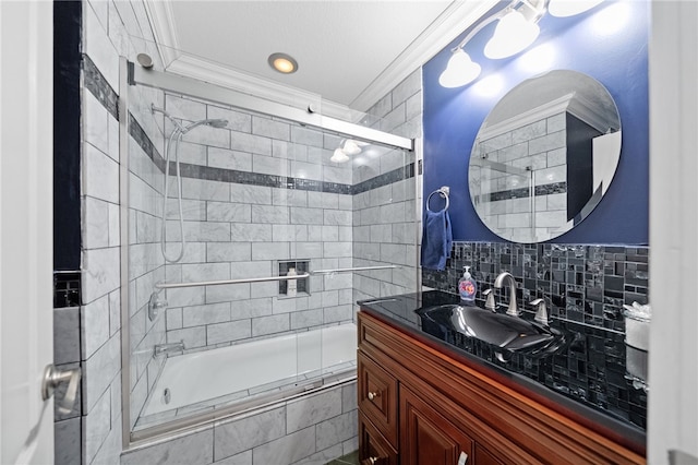 1441 San Almada Rd, Corona, CA 92882 - bathroom with tasteful backsplash, recessed lighting, tiled shower / bath, vanity, and crown molding