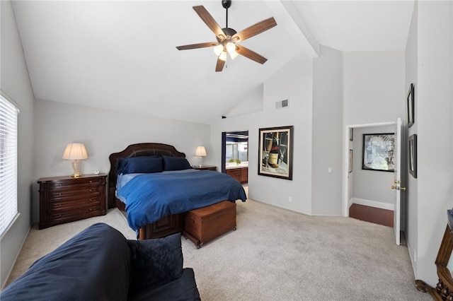 1441 San Almada Rd, Corona, CA 92882 - bedroom featuring beam ceiling, high vaulted ceiling, a ceiling fan, visible vents, and light colored carpet