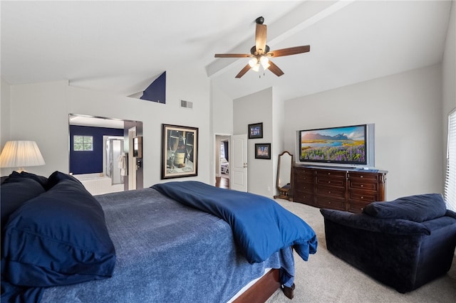 1441 San Almada Rd, Corona, CA 92882 - carpeted bedroom with beamed ceiling, high vaulted ceiling, a ceiling fan, visible vents, and ensuite bathroom