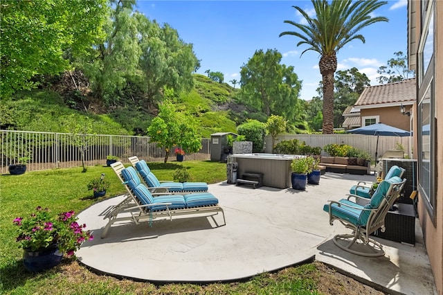 1441 San Almada Rd, Corona, CA 92882 - view of patio / terrace featuring a fenced backyard and a hot tub