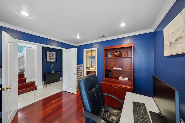 1441 San Almada Rd, Corona, CA 92882 - office area with visible vents, ornamental molding, and wood finished floors