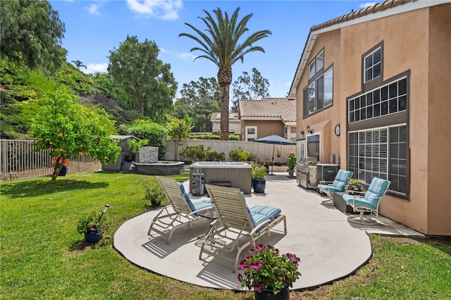 1441 San Almada Rd, Corona, CA 92882 - view of patio / terrace with a grill, a fenced backyard, and a hot tub