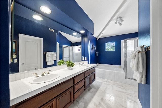 1441 San Almada Rd, Corona, CA 92882 - full bathroom with a stall shower, double vanity, a sink, and a bath