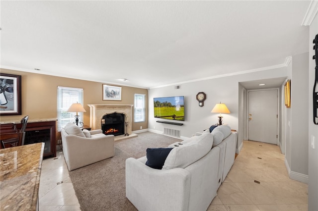 1441 San Almada Rd, Corona, CA 92882 - living room with a high end fireplace, crown molding, light tile patterned flooring, and baseboards