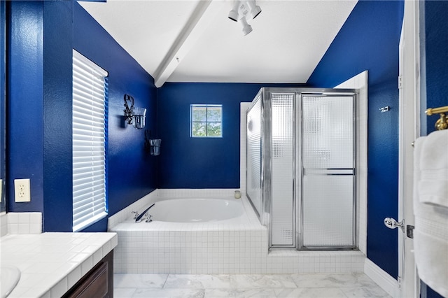 1441 San Almada Rd, Corona, CA 92882 - full bathroom featuring a garden tub, marble finish floor, vaulted ceiling with beams, and vanity