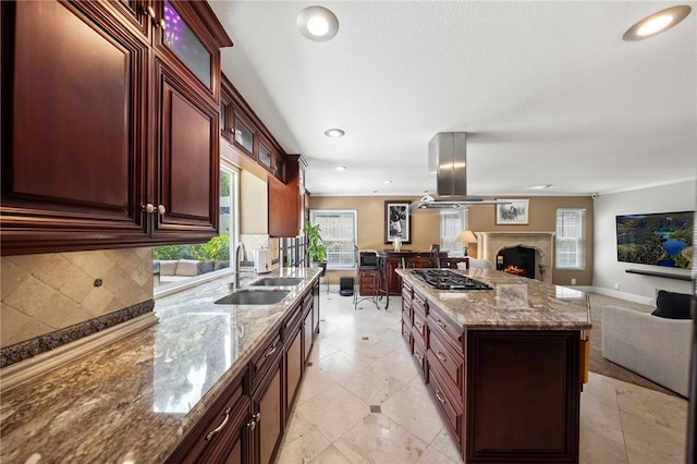 1441 San Almada Rd, Corona, CA 92882 - kitchen with a sink, island range hood, open floor plan, stainless steel gas cooktop, and backsplash