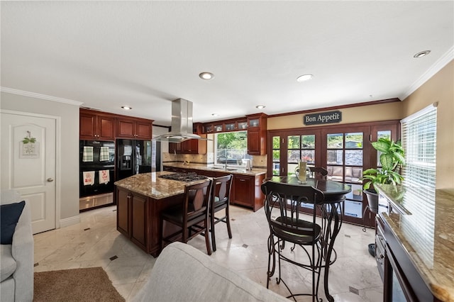 1441 San Almada Rd, Corona, CA 92882 - kitchen featuring black appliances, island range hood, crown molding, and a sink