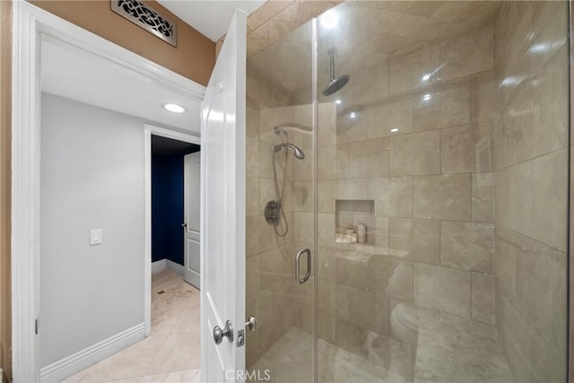 1441 San Almada Rd, Corona, CA 92882 - bathroom featuring baseboards, visible vents, a stall shower, and recessed lighting