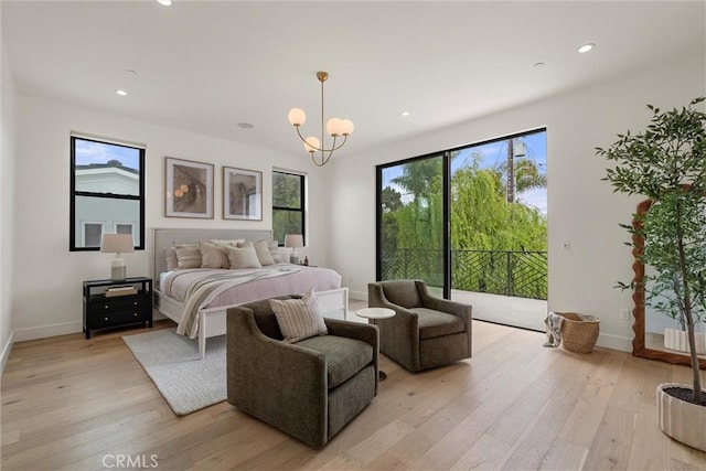 bedroom with light wood-type flooring, baseboards, recessed lighting, and access to exterior