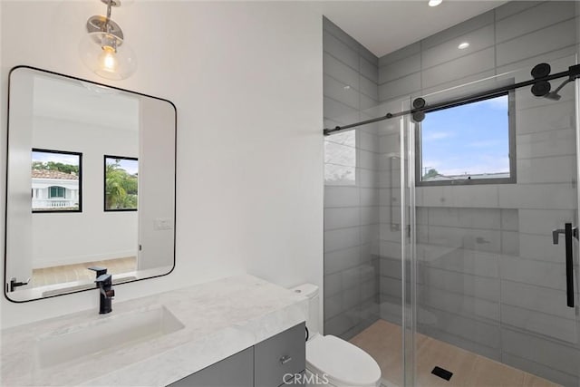 full bath with toilet, vanity, and a stall shower