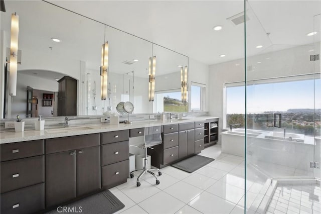3 Via Pasa, San Clemente, CA 92673 - bathroom featuring a freestanding tub, vanity, a stall shower, tile patterned flooring, and recessed lighting