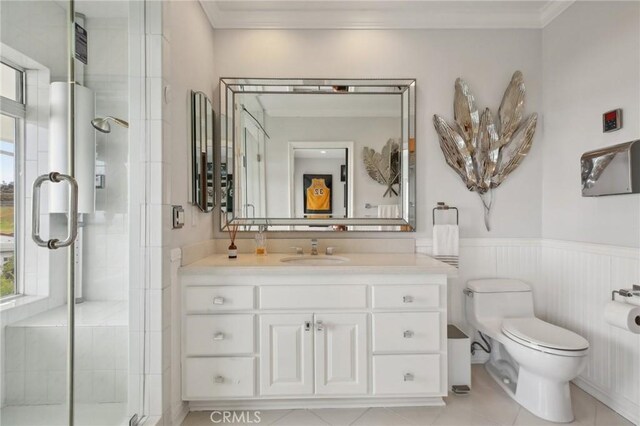 3 Via Pasa, San Clemente, CA 92673 - full bathroom with plenty of natural light, vanity, ornamental molding, a shower stall, and tile patterned floors