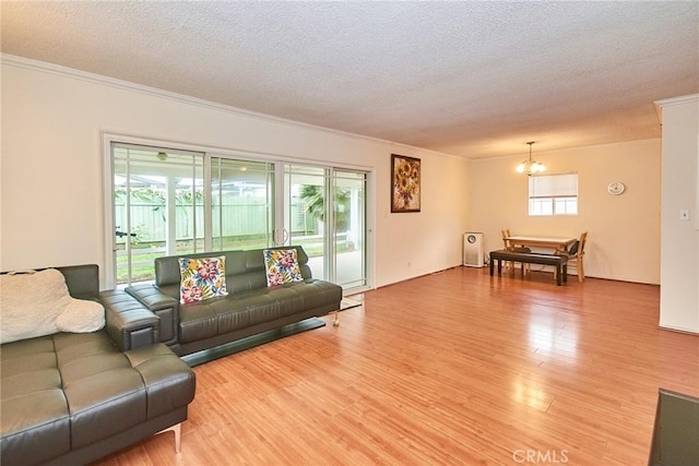 2624 W Cherry Ave, Fullerton, CA 92833 - living area featuring crown molding, light wood finished floors, a textured ceiling, and a chandelier