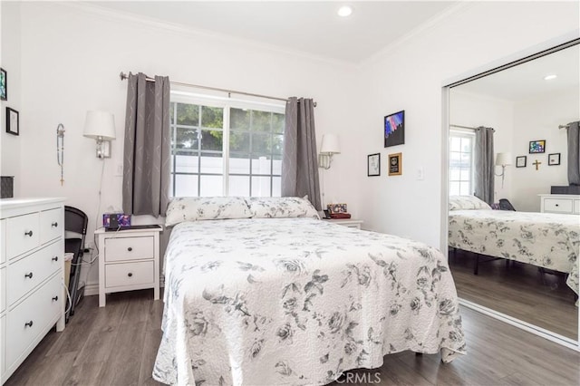 7744 Rhea Ave, Reseda, CA 91335 - bedroom featuring wood finished floors, multiple windows, ornamental molding, recessed lighting, and an office area