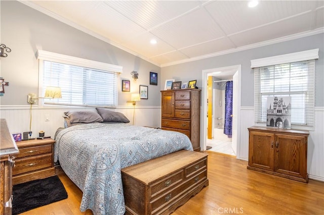 7744 Rhea Ave, Reseda, CA 91335 - bedroom with wainscoting, crown molding, light wood-style flooring, and recessed lighting