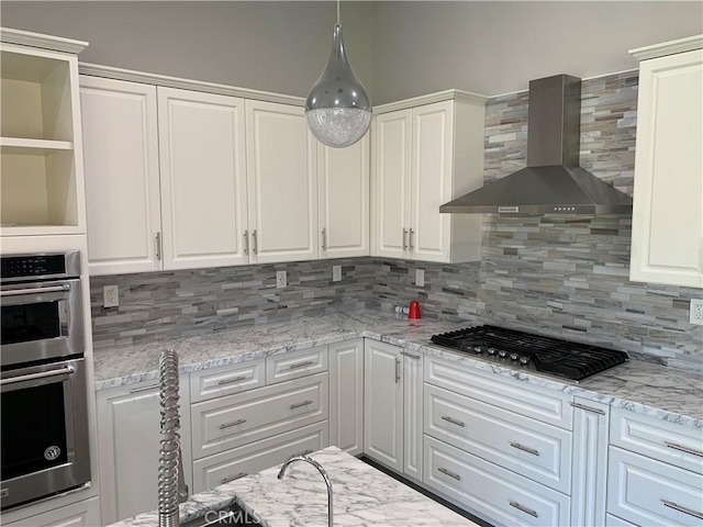 18810 Oakview Way, Lake Elsinore, CA 92530 - kitchen featuring wall chimney range hood, stainless steel appliances, white cabinets, and backsplash