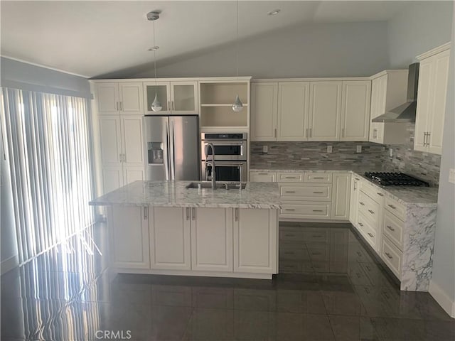 18810 Oakview Way, Lake Elsinore, CA 92530 - kitchen with stainless steel appliances, wall chimney exhaust hood, vaulted ceiling, backsplash, and white cabinets