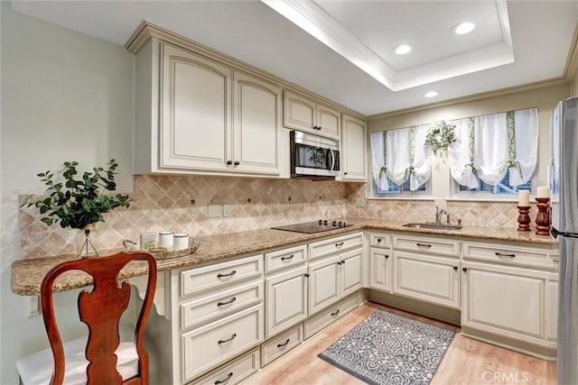 kitchen featuring light wood-style floors, a sink, appliances with stainless steel finishes, and tasteful backsplash