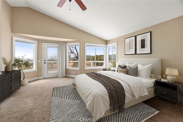 bedroom with carpet flooring, access to outside, lofted ceiling, and baseboards