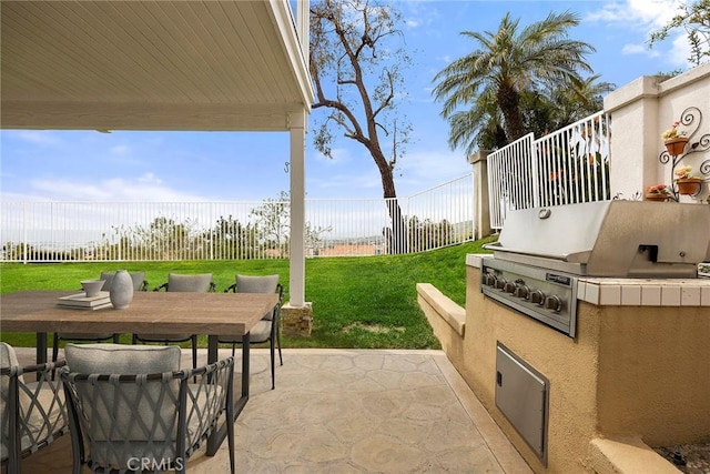 view of patio / terrace with exterior kitchen, outdoor dining space, a fenced backyard, and area for grilling