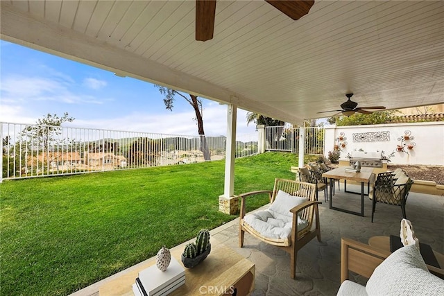 view of patio / terrace with a fenced backyard, outdoor dining area, a grill, an outdoor hangout area, and ceiling fan