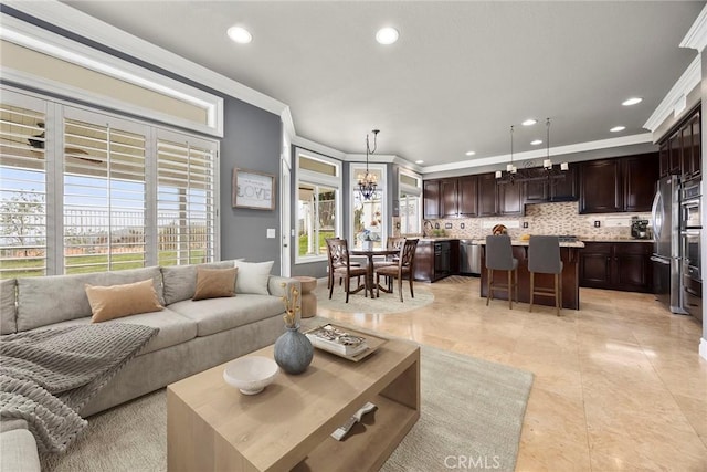 living room featuring light tile patterned floors, crown molding, and recessed lighting