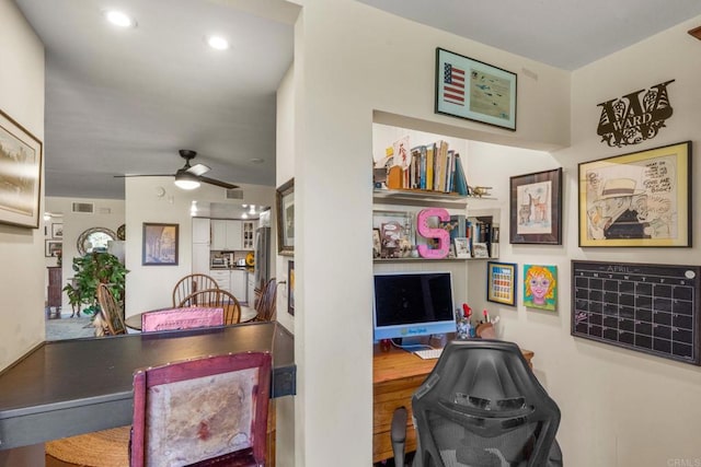 2564 Navarra Dr Unit 113, Carlsbad, CA 92009 - dining space featuring ceiling fan, an office area, and recessed lighting