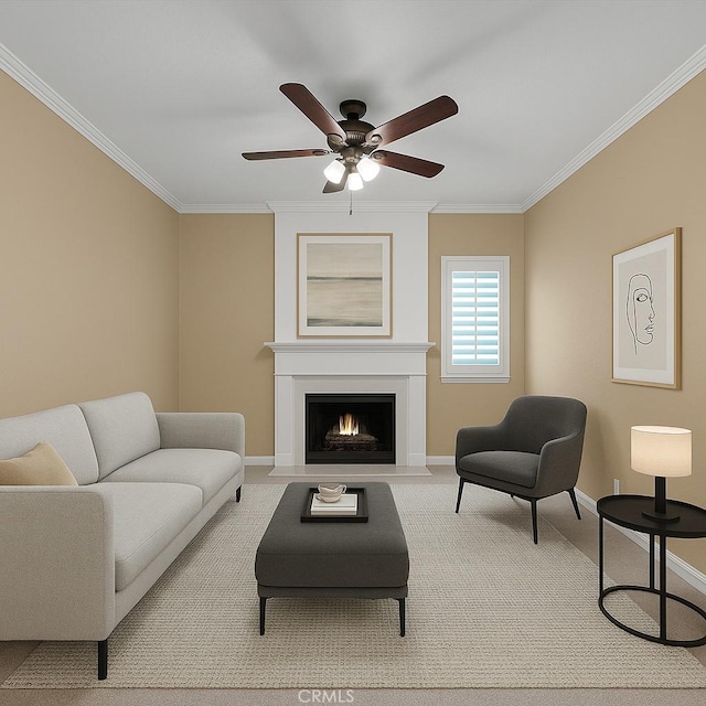 49 El Cencerro, Rancho Santa Margarita, CA 92688 - carpeted living room featuring crown molding, baseboards, ceiling fan, and a fireplace