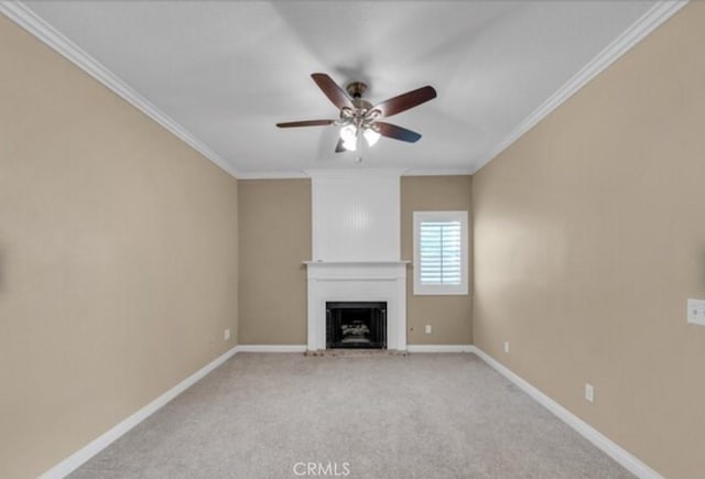 49 El Cencerro, Rancho Santa Margarita, CA 92688 - unfurnished living room featuring ceiling fan, a fireplace, ornamental molding, and light carpet