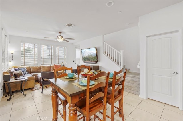 4250 W 5th St, Santa Ana, CA 92703 - dining area with stairway, a ceiling fan, visible vents, and light tile patterned floors