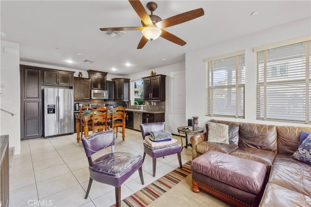 4250 W 5th St, Santa Ana, CA 92703 - living room featuring recessed lighting, a ceiling fan, visible vents, and light tile patterned floors