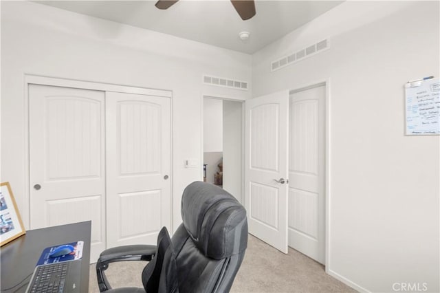 4250 W 5th St, Santa Ana, CA 92703 - home office featuring baseboards, visible vents, a ceiling fan, and light colored carpet